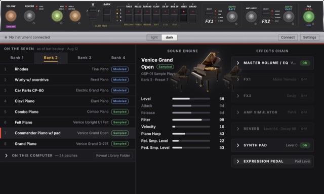 Dark theme: a sampled Venice Grand on bank 2, with the instrument carousel open and a piano either side, ready to page to another sound.