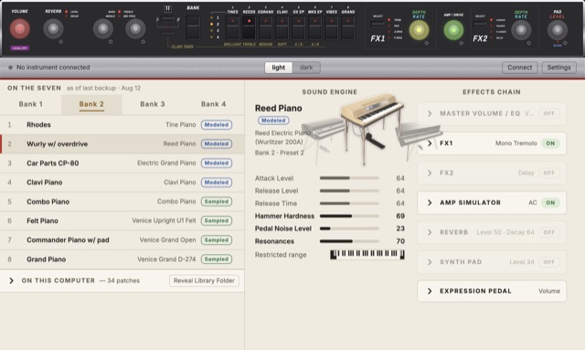 Light theme: the modeled Reed Piano on bank 2, the instrument carousel open, and a keyboard strip showing which keys this sound does not answer to.