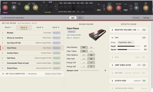 Light theme: a Clavi patch showing its filter tabs and pickup switches, with FX1 open on Pedal Wha-Wha.