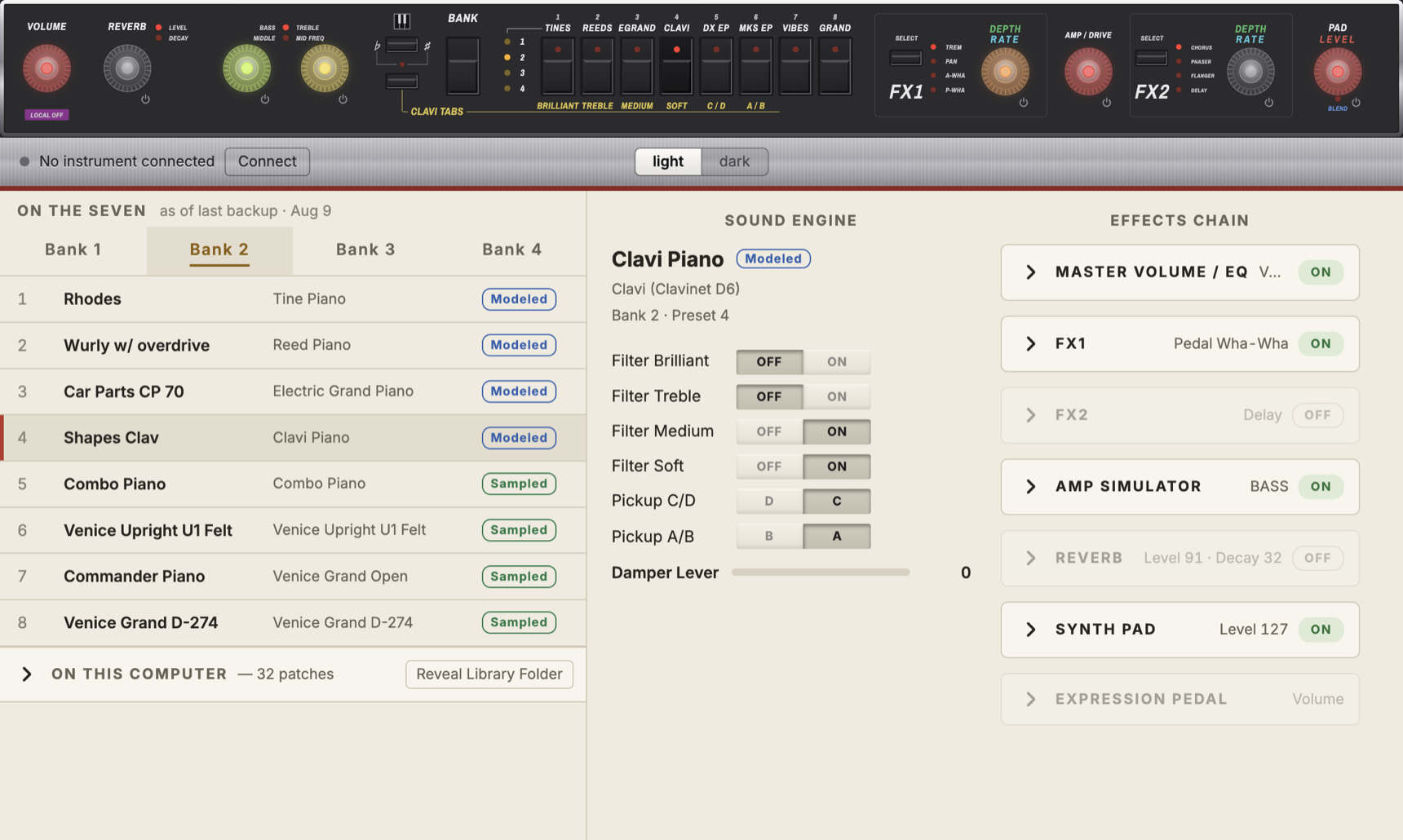 Light theme: bank 2 with renamed patches, a Clavi patch showing its filter tabs and pickup switches.