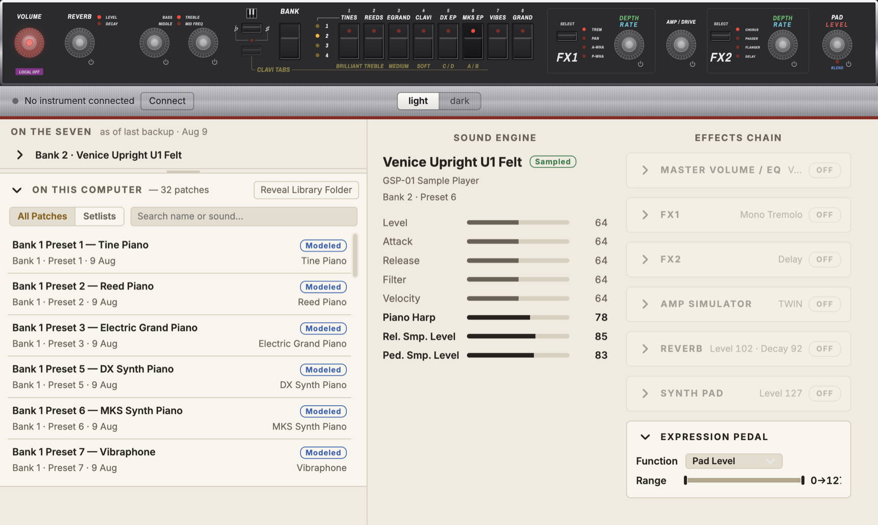 The patch library open on this computer, with a sampled Venice Upright patch showing its sample-player parameters and expression pedal range.