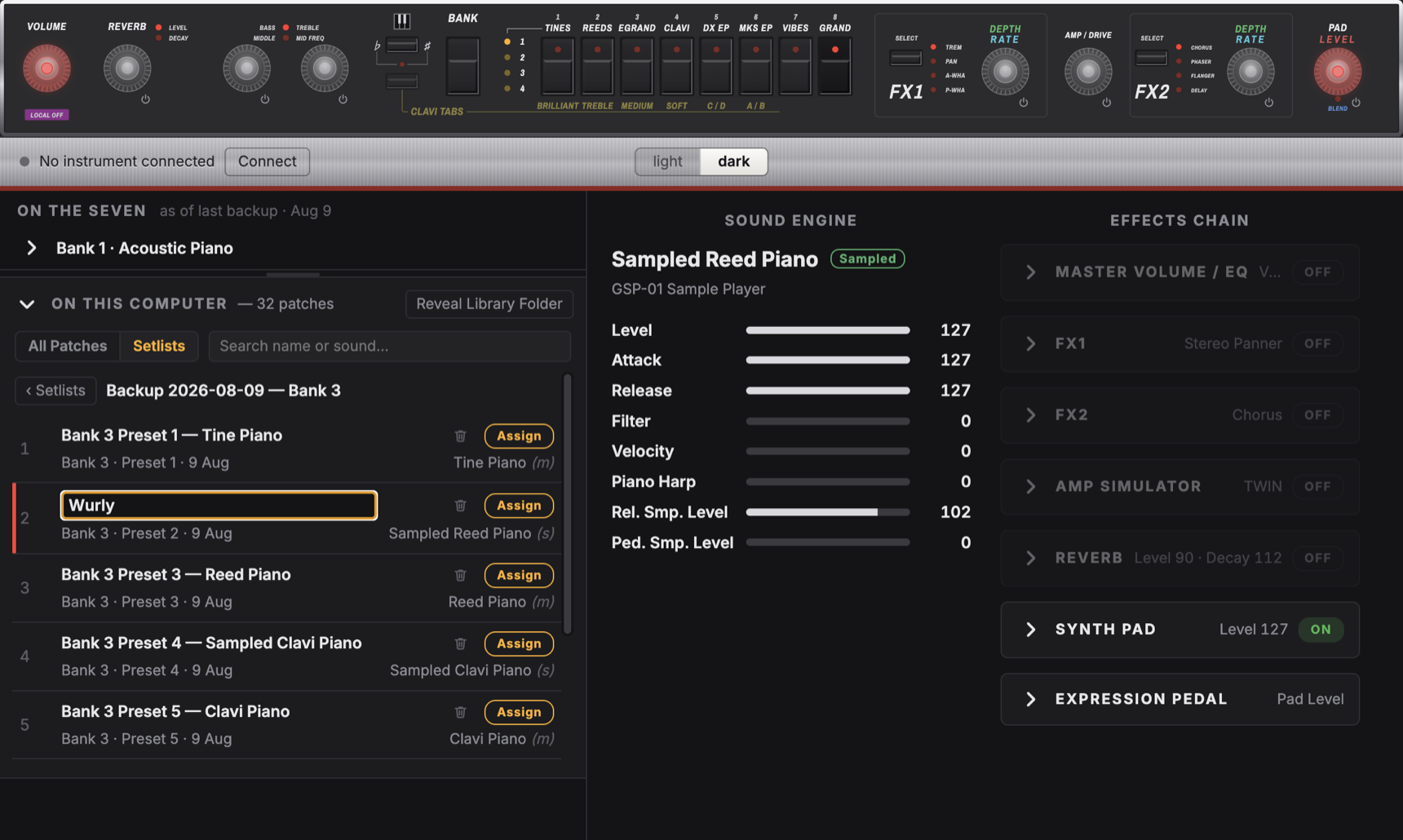 A setlist's eight slots, with one patch being renamed in place.
