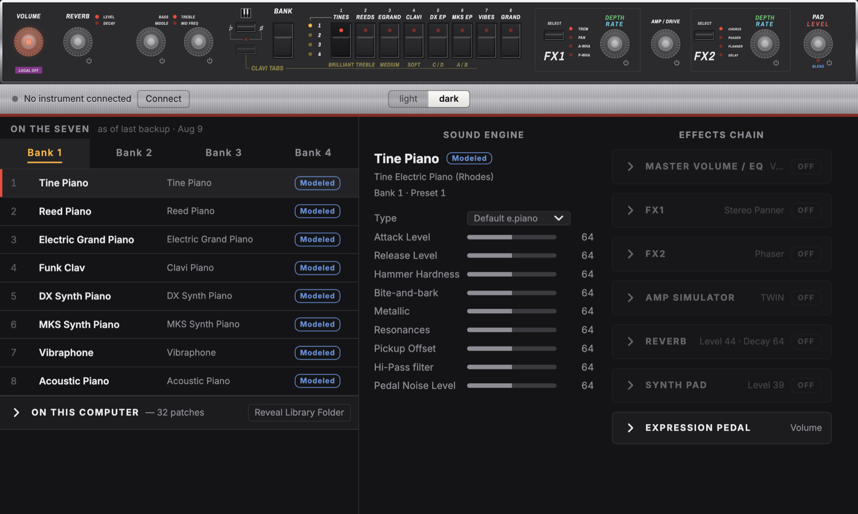 Dark theme: bank 1 as captured by the last backup, a patch's sound engine parameters, and the effects chain with FX1 open.