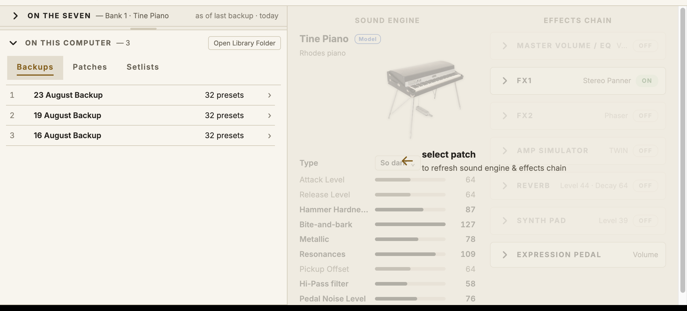 The app with a patch selected on one tab and a different tab on screen: the sound engine and effects chain columns are dimmed, with an arrow pointing back to the list and the words "select patch to refresh sound engine & effects chain"