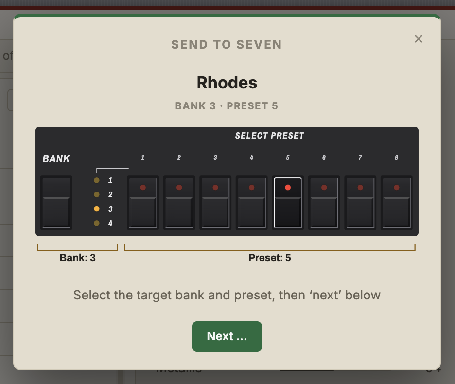 The Send to Seven dialog, showing a picture of the Seven's own bank and preset row. Bank lamp 3 is lit, preset 5 is pressed, and brackets beneath read "Bank: 3" and "Preset: 5"