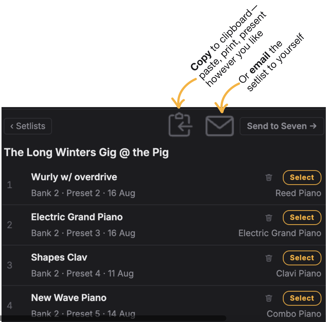 Copy and email icons in the setlist header